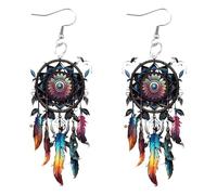 Boho Dreamcatcher Feather Earrings for Women - Colorful Western Cowgirl Dangle Jewelry, Vintage Hippie Style for Festivals and Beach Days (Style-D)