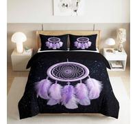 Boho Feather Grid - Copripiumino reversibile in microfibra per letto king | Set di biancheria da letto con copripiumino morbido, anallergico, con chiusura a cerniera, traspirante, non si stira