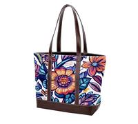 Boho Floral-23 - Borsa a tracolla da donna, in pelle resistente e lavata, con manici superiori, con tasche e cerniera, Multicolore 08, 33.8x12x31cm/13.3x4.7x12.2 in