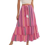 Boho Gonna lunga da donna, estiva, motivo patchwork, elastico in vita alta, linea ad A, leggera e traspirante, gradini fluenti, facile da pulire, per il tempo libero, le vacanze, la spiaggia, rosa