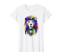Boho Leone Arcobaleno criniera Fauna Selvatica Amante della Pace Hippie Design Maglietta con Stampa Grafica Economica, Donna, Bianco, L