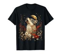 Boho Lupo Ulula alla Luna Floreale Mistico Grafico Donne Maglietta