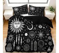 Boho Mistico Celeste Set Copripiumino 155x200 cm Sole Stella Luna Nero Corvino Parure Sacco Copri Piumone Cotone Poliestere Reversibile Biancheria da Letto 1 x Copripiumino e 2 x Federe 50x80 cm