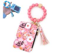 Boho Style Beaded Tassel Keychain Wallet, Women's Boho Beaded Wallet Keychain with Flower Pattern (Dark Pink)