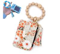 Boho Style Beaded Tassel Keychain Wallet, Women's Boho Beaded Wallet Keychain with Flower Pattern (Khaki)