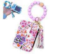 Boho Style Beaded Tassel Keychain Wallet, Women's Boho Beaded Wallet Keychain with Flower Pattern (Light Purple)