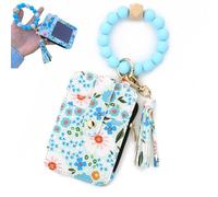 Boho Style Beaded Tassel Keychain Wallet, Women's Boho Beaded Wallet Keychain with Flower Pattern (Light Blue)