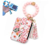 Boho Style Beaded Tassel Keychain Wallet, Women's Boho Beaded Wallet Keychain with Flower Pattern (Light Pink)