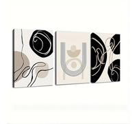 Boho Wall Art Beige Black Line Wall Art Abstract Mid Century Canvas Painting Minimalist Estetic Pictures for Bedroom Living Room 60x80cmx3 With frame