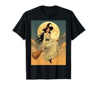 Boho Witchy Woman Astride Un Besom Vettore Art Maglietta