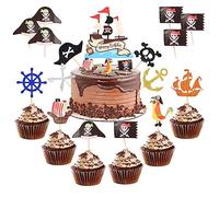 Bohrma 31 decorazioni per torte a tema pirata, per decorare torte, teschi, pappagalli, fondente, muffin, zucchero, ideale per feste di compleanno per bambini, Halloween