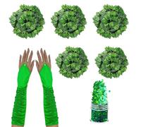 Bohue 7pcs Halloween Verde Costume Guanti Lunghi Senza Dita Artificiali Viti Verdi Viso Glitter Edera Accessori Costume per Halloween Donne Cosplay