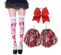 Bohue Costume da cheerleader zombie per ragazze, 4 pezzi, con fiocco rosso, calzini da cheerleader con pompon per Halloween, per feste di ragazze