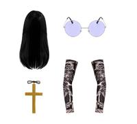 Bohue Prince of Darkness - Set di accessori per travestimento composto da parrucca lunga nera e occhiali viola, collana con croce dorata e maniche per tatuaggi, accessori per costume anni '70 e '80