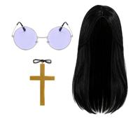 Bohue Prince of Darkness - Set di accessori per travestimento Rock Star, parrucca lunga nera, circolare, occhiali viola, croce dorata, rock, stella, leggenda, hippie, kit per feste musicali, film