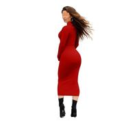 BOJHGO Abito lungo slim a maniche lunghe con collo alto e elastico primaverile Longuette per Tutte Occasioni(Red,XL)