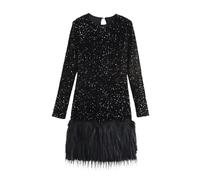 BOJHGO Elegante Abito da Donna con Paillettes e Piume, Primaverile, Sottile, Scollo a V, Manica Lunga, Lucido, Mini Abiti da Sera e da Festa(Black,S)