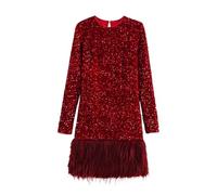 BOJHGO Elegante Abito da Donna con Paillettes e Piume, Primaverile, Sottile, Scollo a V, Manica Lunga, Lucido, Mini Abiti da Sera e da Festa(Red,M)