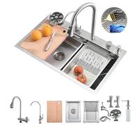 Bokaiya Lavello Cucina a Cascata, Lavandino Cucina Multifunzione per Workstation in Acciaio Inox 304, Lavandino 1 Vasca con Rubinetto Estraibile e Cascata,Lavelli Waterfall con Più Accessori (68*46cm)