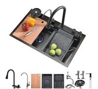 Bokaiya Lavello Cucina Multifunzione Nero 68x46, Lavello Cucina 1 Vasca per Workstation in Acciaio Inox, Lavandino Cucina con Rubinetto Estraibile e Cascata, Raindance Lavelli con Più Accessori
