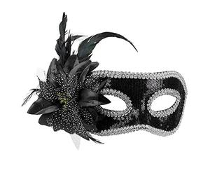 Boland 00289 - Maschera per gli occhi Venezia, nero-argento, maschera con fiore e piume, paillettes e bordino, accessorio, costume, carnevale, festa a tema, ballo in maschera