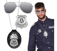 Boland 01417 - Set di 3 occhiali da polizia, per feste, collana e distintivo, argento nero, unisex, polizia speciale, commissario, costume, carnevale, festa a tema