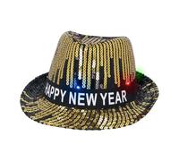 Boland 13459 - Cappello LED Happy New Year con luci e paillettes, fedora scintillante per Capodanno, nastro con scritta