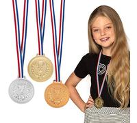 Boland 30841 - Set di medaglie, ciascuna di 6 cm, 3 medaglie da podio con collare, oro, argento, bronzo, trofeo, vittoria, giocattolo, sport, festa a tema, compleanno