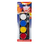 Boland 45063 - Set di trucchi da clown, trucco, bianco, blu, giallo, rosso, applicatore, pennello, a base d'acqua, colori per il trucco, intrattenitore, a base d'acqua, trucco acquoso