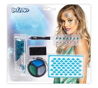 Boland 45067 - Set per il trucco da sirena, 1 stencil, 14 pietre glitterate, 1 matita per il trucco, 3 colori, 1 gel glitterato, 1 spugna, make-up, carnevale, festa a tema, trucco per bambini