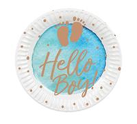 Boland 53245 - Piatti da festa Hello Boy, 10 pezzi, misura 18 cm, stoviglie ecologiche, 100% carta, compleanno, nascita, baby shower