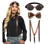 Boland 54583 - Set costume Steampunk per adulti, occhiali, papillon e bretelle, set di accessori per Carnevale o feste a tema