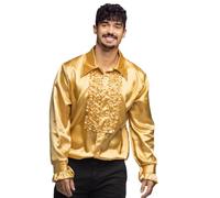 Boland - camicia da discoteca con frange, oro, da uomo, costume, camicia da festa, mossa Schlager, anni '70, festa a tema, carnevale