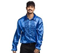 Boland - Camicia da discoteca con volant, blu, uomo, costume, camicia da festa, mossa Schlager, anni '70, festa a tema, carnevale