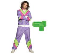 Boland - Set da allenamento per uomo, viola-verde, tuta da ginnastica anni '80 e set di 3 fasce antisudore, Bad Taste, costume, carnevale, festa a tema