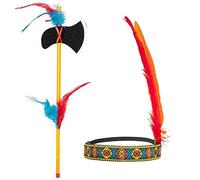 Boland 44093 - Set indiano, fascia e ascia, lunghezza 35 cm, tomahawk, multicolore, estensibile, decorato con piume, capo, selvaggio west, costume, carnevale, festa a tema