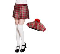 Boland - Set scozzese da donna, a quadretti, kilt e barrett, mini gonna, cappello, scozzese, signora, scozzese, San Patrizio Day, costume, carnevale, festa a tema, rosso