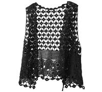 Bolero, cardigan estivo senza maniche, gilet da spiaggia, copertura larga, camicetta da donna, camicetta in pizzo all'uncinetto, cardigan hippie all'uncinetto, camicia boho, Nero , Taglia unica