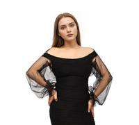 Bolero da donna, a maniche lunghe, a sbuffo, aperto, in tulle, trasparente, per feste, matrimoni, matrimoni, Nero , XXL