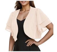 Bolero in Chiffon da Donna, Elegante, Svasato, A Maniche Corte, Corto, Cardigan Aperto sul Davanti, Casual, Scollo A V, Camicetta, Giacca con Spalle Scoperte, Bolero Coprispalle per Abito, Beige, Ta