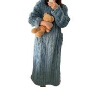 BOLEXA Pigiama Invernale in Pile Corallo da Donna, Camicia da Notte Lunga, Pigiama con Tasche, Indumenti Caldi e Spessi for la casa(Blau,L)