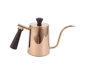 Bollitore Caffè Beccuccio Collo d’Oca 700ml in Acciaio Inox 304 con Manico in Legno - Controllo Preciso del Flusso, Design Antiscottatura per Preparazioni Perfette (Bocca lunga-oro rosa)