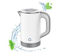Bollitore elettrico in acciaio inox, da campeggio, mini bollitore da viaggio per 0.8 l, 600 W, design a doppia parete, funzione di cottura a pressione, silenzioso (bianco)