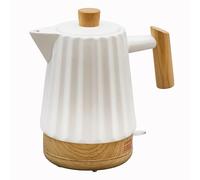 Bollitore elettrico in ceramica, 1,7 l, bianco, con manico in vero legno e coperchio in legno, base a 360°, guarnizione in silicone alimentare, senza BPA, 1500 W, design retrò, durevole, elegante