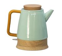 Bollitore elettrico in ceramica da 1,5 l, menta/legno, con vero coperchio in legno, base girevole a 360°, indicatore di funzionamento a LED, senza BPA, protezione contro la caduta a secco, elegante e