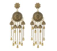 Bollywood - Orecchini indiani tradizionali etnici con perle Jhumka Jhumki per donne e ragazze, con perle boemiane lunghe nappe, pendenti, campane tribali, gioielli regalo, Metallo