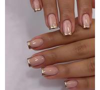 Boloshine 24 PCS Unghie Finte Corte Quadrate, Bordo Oro Nudo Artificiali French Press on Nails, Acrilico Copertura Completa Finte Nails per Donne e Ragazze Manicure Decorazione Fai Da Te