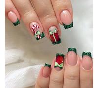 Boloshine 24 Pezzi Natale Unghie Finte, Verde French Bastone di Natale Stick Sulle Unghie Press on Nails, Artificiali Acrilico Sulle Unghie per Donne Ragazze Nail Art