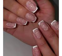 Boloshine 24 Pezzi Unghie Finte, Glitterate Copertura Completa Stick sulle Unghie Press on Nails, Naturali Acrilico Attaccare Sulle Unghie Artificiali per Donne Ragazze Nail Art - Stelle Rosa