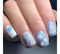 Boloshine Natale Unghie Finte, 24 Pezzi Quadrate Mondo di Ghiaccio e Neve Blu Press on Nails Copertura Completa Unghie Artificiali Adhesive per Donne e Ragazze Manicure Decorazione